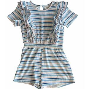 EGG NY Girls Blue and Pink Striped Ruffle Romper Size 10y